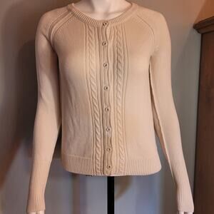 AMERICAN EAGLE AEO Women Cream Cardigan Sweater Sz Medium Ivory Cotton Cableknit